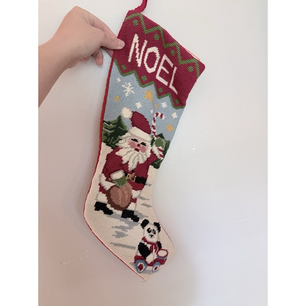 Vintage Noel Christmas Holiday Santa Claus Wool Embroidered Needlepoint Stocking